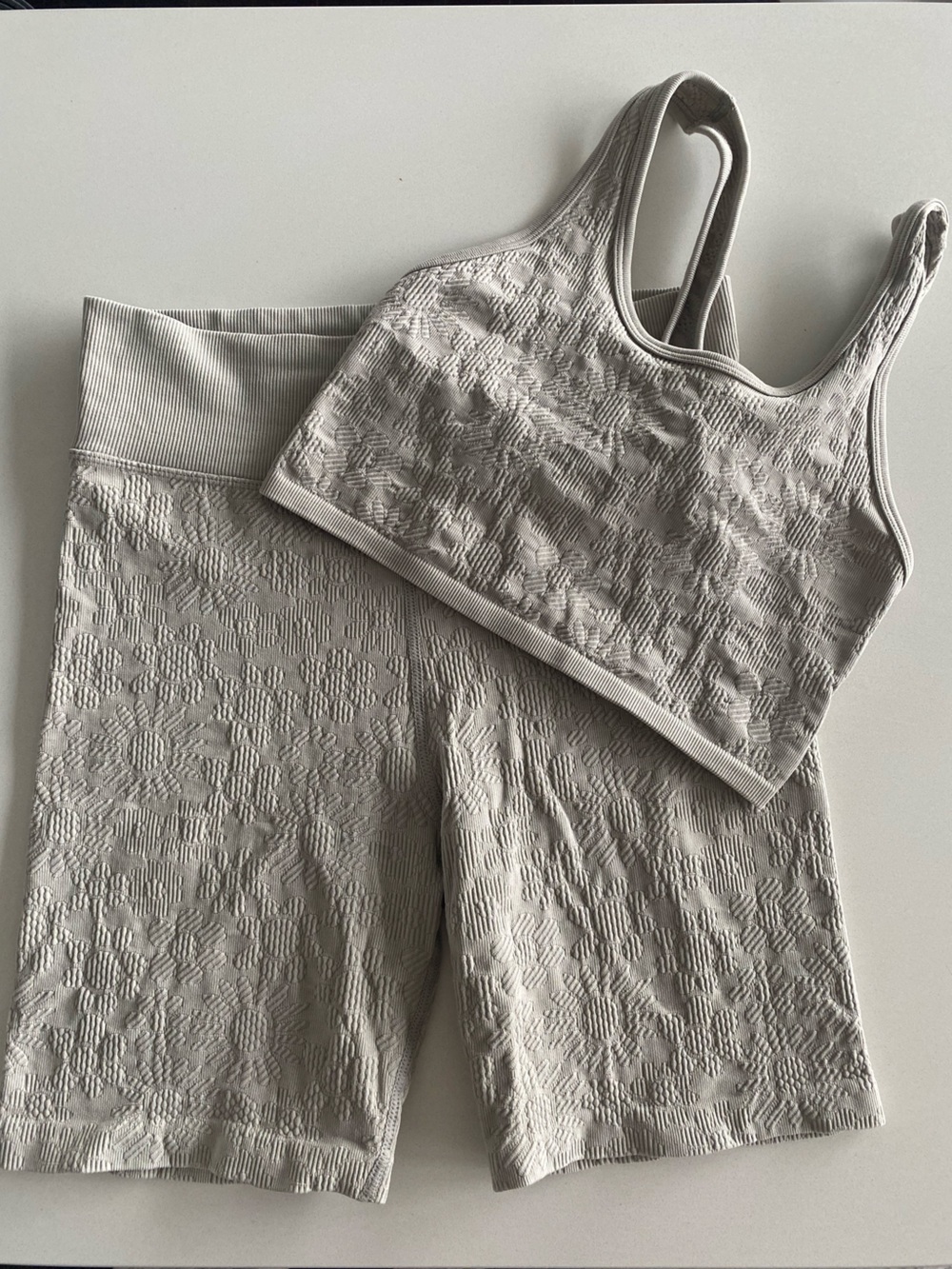 aerie Light Gray Textured Bike Shorts and Matching Sports Bra Set